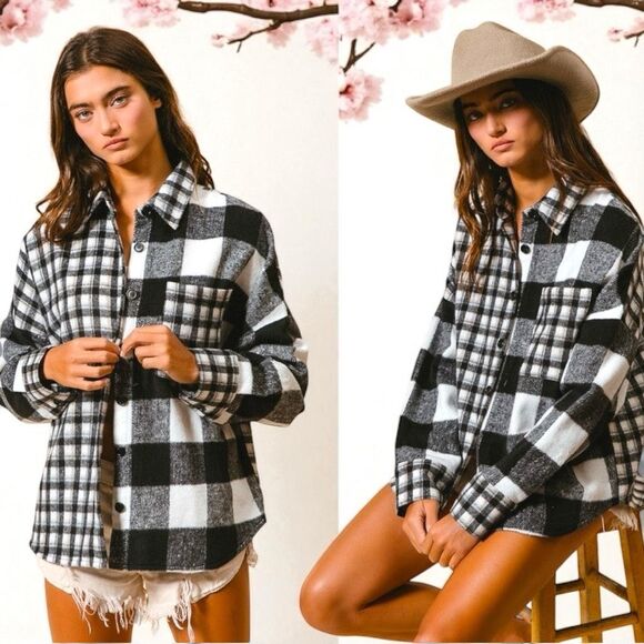BiBi Black & White Plaid Fleece Button Down Long Sleeve Shirt Size XL NWT - Picture 1 of 13